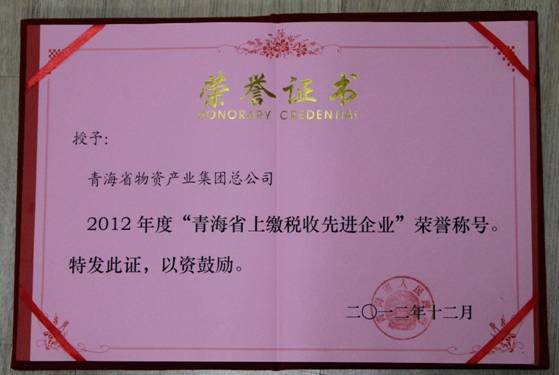 集團榮獲2012年度&ldquo;青海省上繳稅收先進(jìn)企業(yè)&rdquo;榮譽稱號